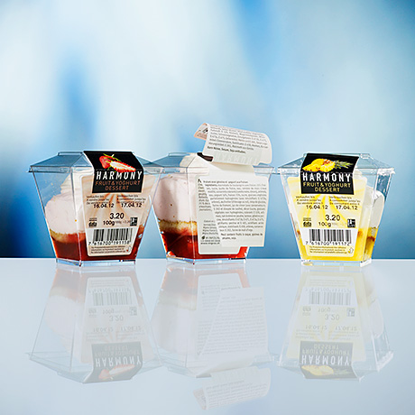 Booklet labels for Harmony Fruit & Yoghurt Desert (Pago International).