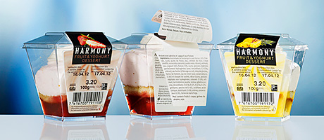 Booklet labels for Harmony Fruit & Yoghurt Desert (Pago International).