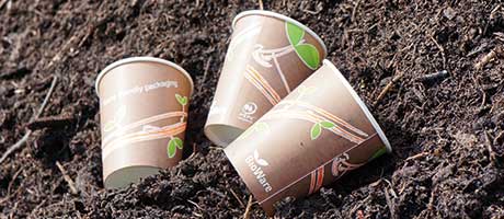 Cups and food containers employing bio-plastics can be compostable, such as Huhtamaki's BioWare range.