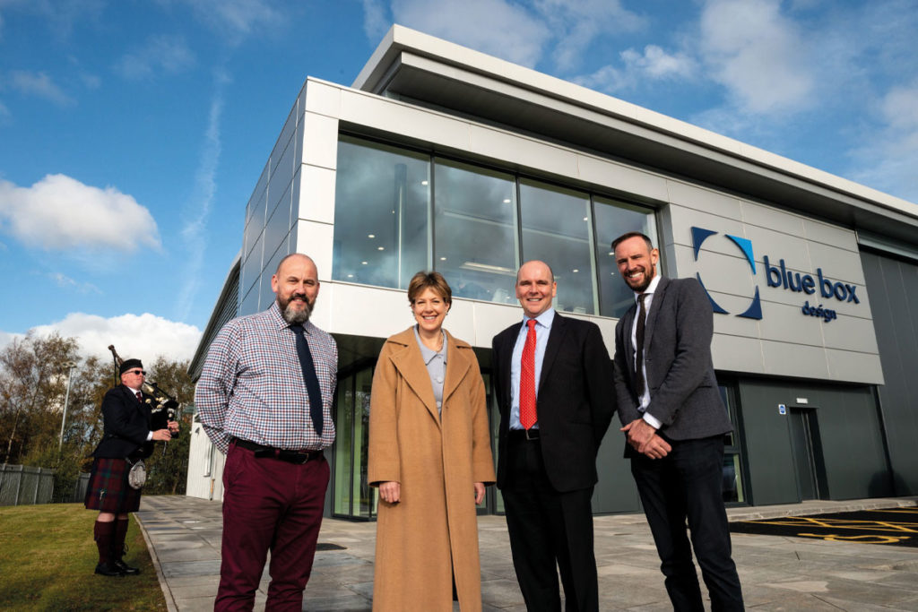 Blue box design opening, MD-Gordon-Duncan, Scottish Whisky Association CEO Karen Betts, Donald & Michael McLaren, Directors of McLaren Packaging