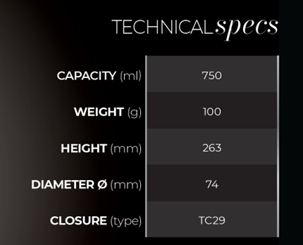 Technical specs graph. Capacity 950ml, Weight 100g, Height 263mm, Diameter 74mm, Closure TC29. 