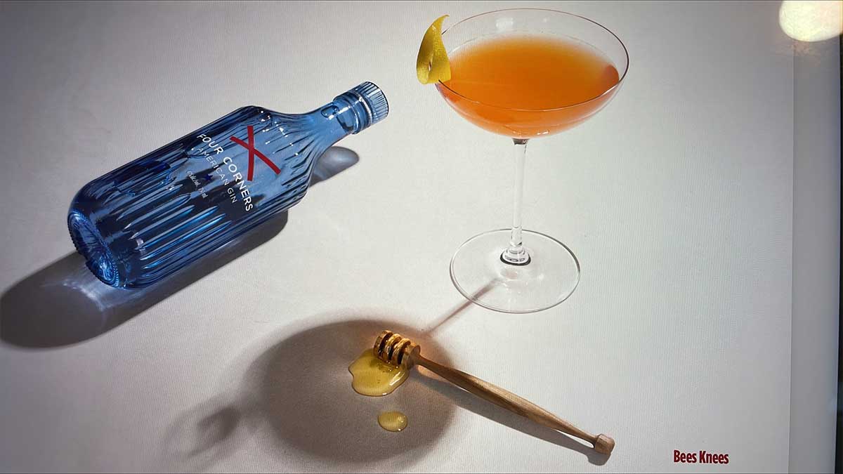 Bottle of Four Corners Gin, a cocktail glass and a honey dipper.